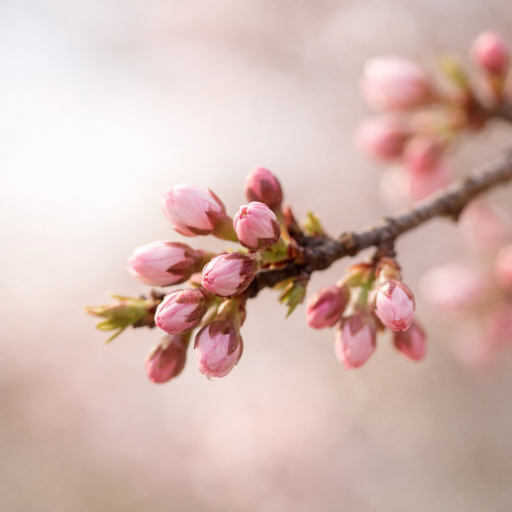 Cherry blossom buds waiting to bloom in early spring